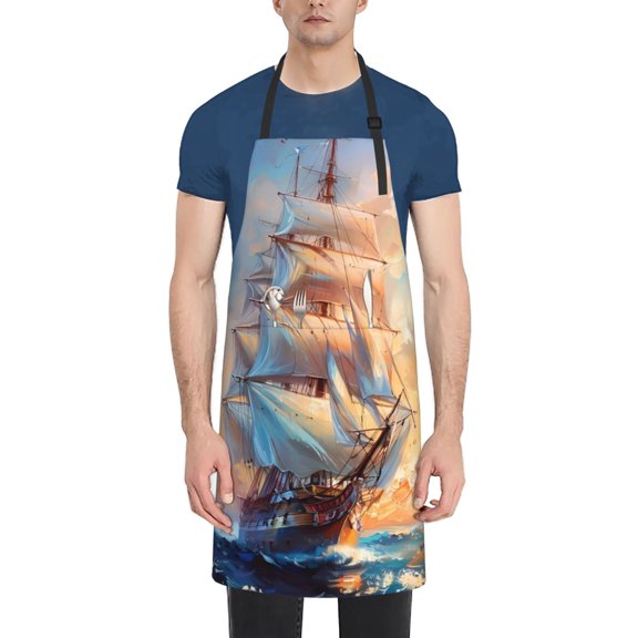 Vsdgher Sailing Ship Ocean Sunset Waterproof Apron with 2 Pockets Kitchen Chef Aprons Bibs for Grooming Cooking Baking Painting Gardening