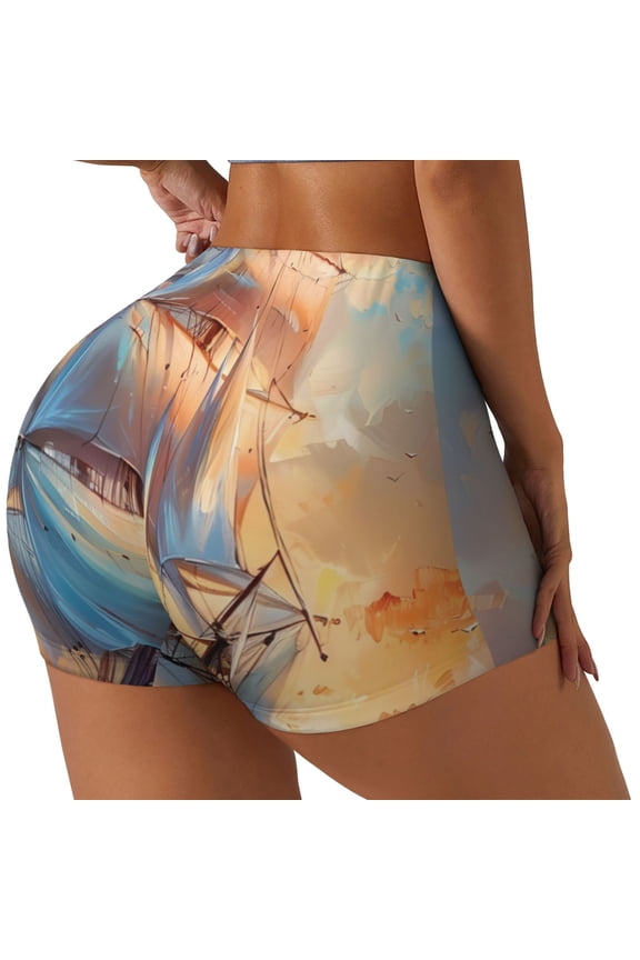 Sailing Ship Ocean Sunset Workout Shorts for Women Seamless Soft Smooth Gym Yoga Scrunch Active Exercise Fitness Shorts-XX-Large