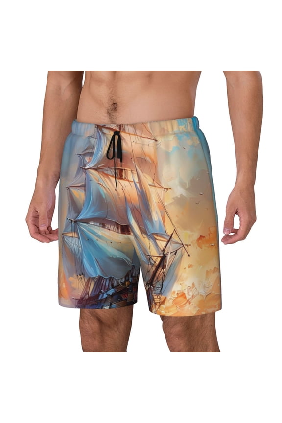 Sailing Ship Ocean Sunset for Mens Swim Trunks with Compression Liner Swim Shorts Swim Suits Board Shorts-Small