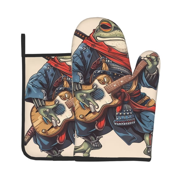 Vsdgher Samurai Frog Guitar Oven Mitts and Pot Holders 2 pcs Set,High Heat Resistant Kitchen Oven Glove for Baking and Cooking