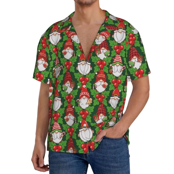 Vsdgher Santa Claus And Gnomes Men's Cuban Shirt, Hawaiian Shirts, Business Casual Button Down Shirts, Short Sleeve Shirt-Medium