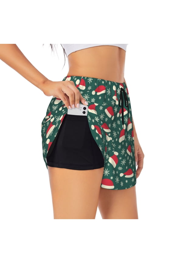 Santa Hat Joy Green Festive Athletic Shorts for Women, Women's Running Double Layer Shorts, High Waisted Yoga Shorts, Workout Athletic Shorts-Large
