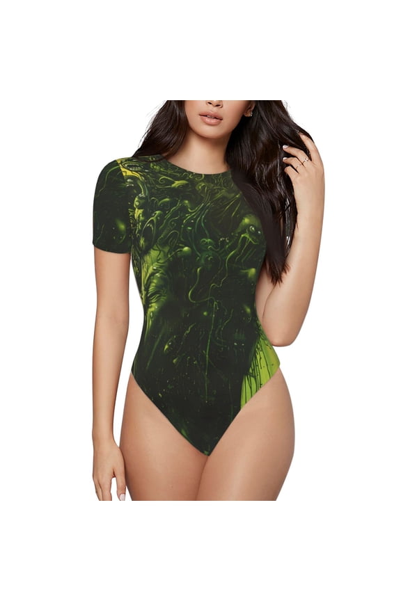 Screaming Horror Art Prinr Short Sleeve Body suit for Womens, Sexy Onesie One Piece Round Neck Bodysuit Shapewear Tummy Control-X-Large