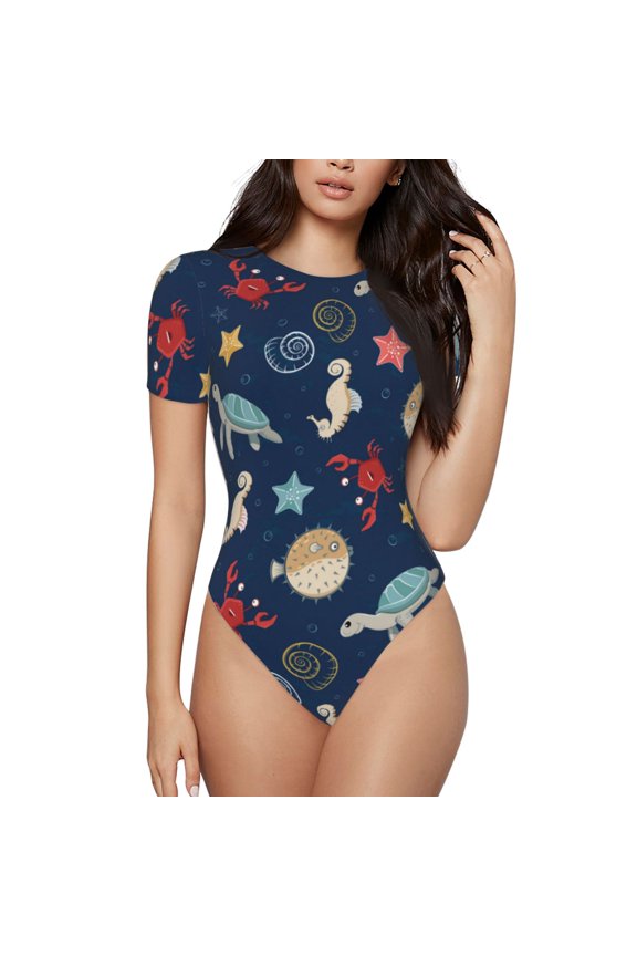 Sea Creatures Prinr Short Sleeve Body suit for Womens, Sexy Onesie One Piece Round Neck Bodysuit Shapewear Tummy Control-Medium