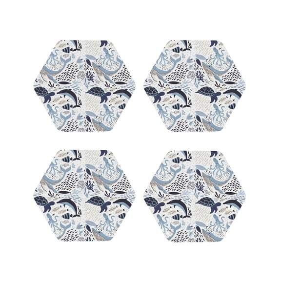 Vsdgher Sea Life Elements Leather Coasters for Drinks, Durable Drink Coasters 4 Set for Tabletop Protection, Luxurious Home Décor and Housewarming Gift ( {designName})Hexagon