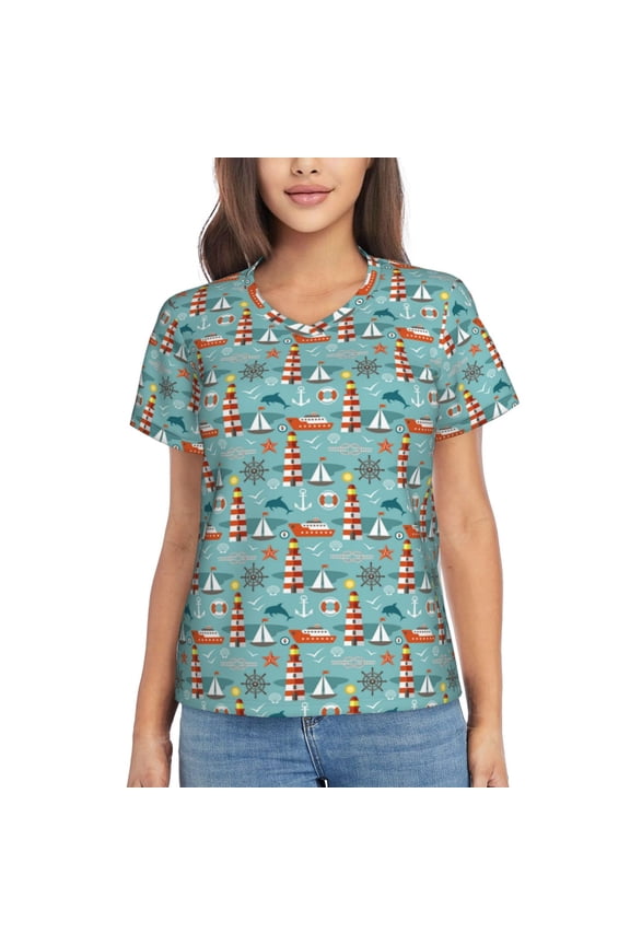 Sea Lighthouse Women Shirts V Neck Short Sleeve Tops T-Shirt Basic Tees, S to 3XLSmall