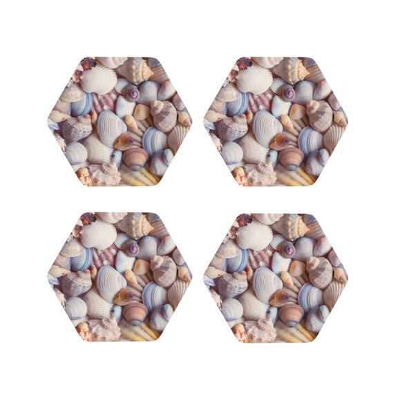 Vsdgher Sea Shells Leather Coasters for Drinks, Durable Drink Coasters 4 Set for Tabletop Protection, Luxurious Home Décor and Housewarming Gift-Hexagon