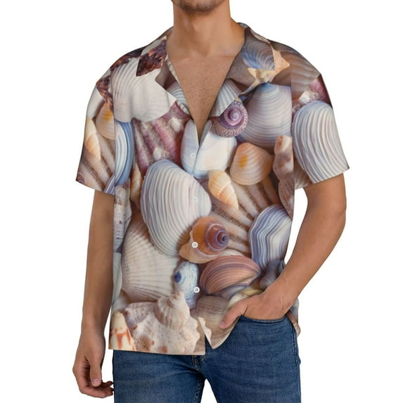 Vsdgher Sea Shells Men's Cuban Shirt, Hawaiian Shirts, Business Casual Button Down Shirts, Short Sleeve Shirt-XX-Large