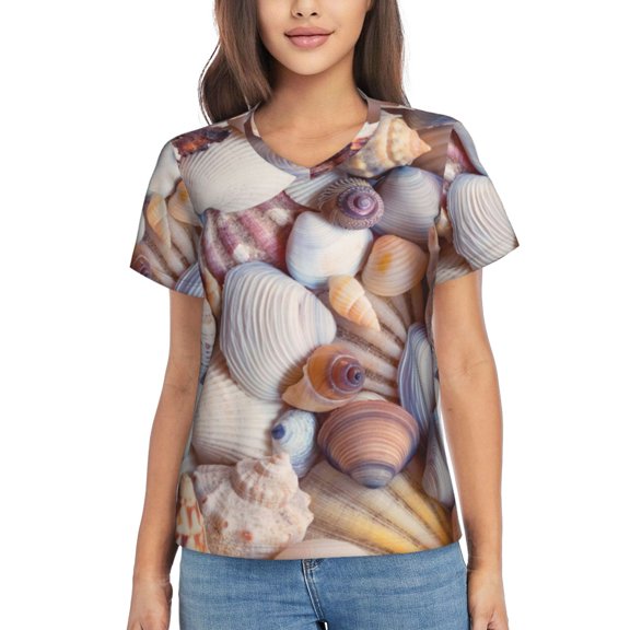 Vsdgher Sea Shells Women Shirts V Neck Short Sleeve Tops T-Shirt Basic Tees, S to 3XLSmall