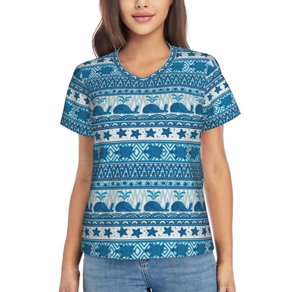 Vsdgher Sea Underwater Animals Women Shirts V Neck Short Sleeve Tops T-Shirt Basic Tees, S to 3XLLarge