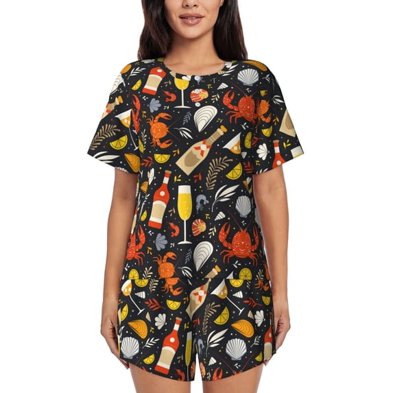 Vsdgher Seafood And Drinks Pattern Womens Pajamas 2 Piece Short Sleeve Sleepwear Set,Summer Soft Pajamas Set Casual Lounge Sets, 2-Piece Pj -4X-Large