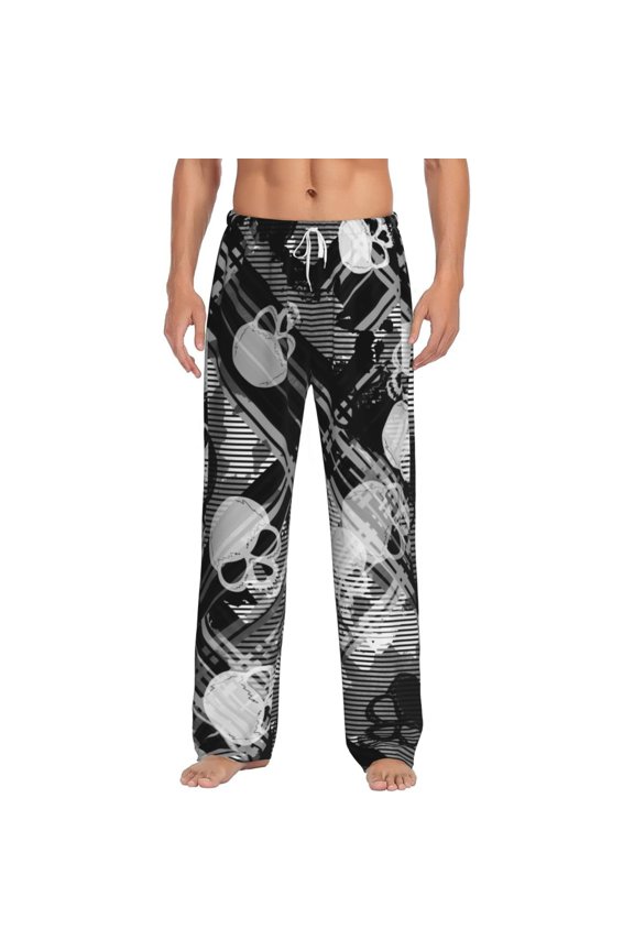 Seamless Pattern With Skulls Print Mens Pajama Pants Sleep & Lounge Pants, PJ Bottoms With elastic waistb and Pockets