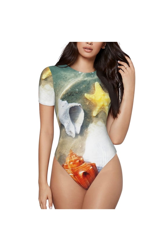 Seashell On The Beach Prinr Short Sleeve Body suit for Womens, Sexy Onesie One Piece Round Neck Bodysuit Shapewear Tummy Control-Medium
