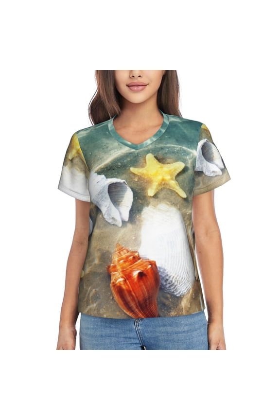Seashell On The Beach Women Shirts V Neck Short Sleeve Tops T-Shirt Basic Tees, S to 3XLLarge