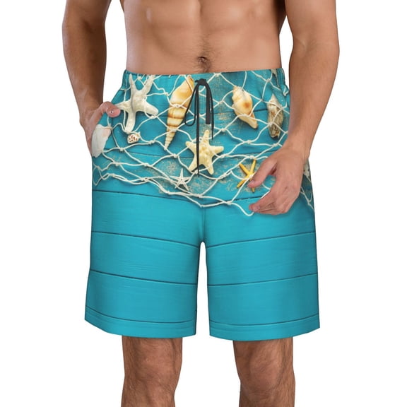 Vsdgher Seashells And Fishing Net On Blue Wooden Table Men's Beach Shorts, Surfing shorts, Swim trunks, Quick Dry Swim Trunks for Surfing Beach Fun -Large