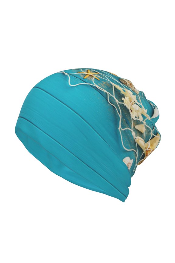 Seashells And Fishing Net On Blue Wooden Table Slouchy Beanie Hat for Men/Women, Skull Cap Chemo Cap Night Sleeping Cap