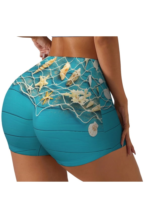 Seashells And Fishing Net On Blue Wooden Table Workout Shorts for Women Seamless Soft Smooth Gym Yoga Scrunch Active Exercise Fitness Shorts-X-Large