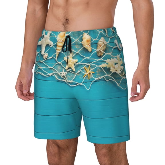 Vsdgher Seashells And Fishing Net On Blue Wooden Table for Mens Swim Trunks with Compression Liner Swim Shorts Swim Suits Board Shorts-X-Large