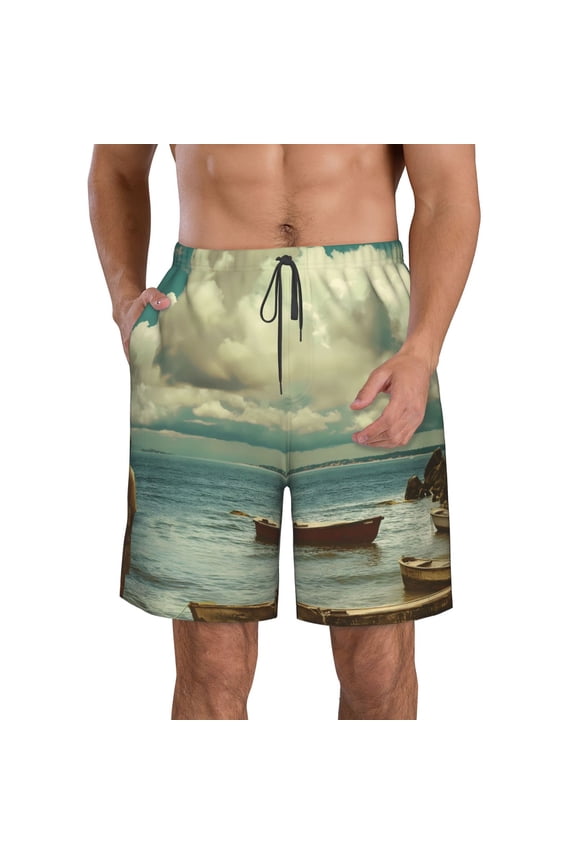 Serene Coastal Blue Sky Men's Beach Shorts, Surfing shorts, Swim trunks, Quick Dry Swim Trunks for Surfing Beach Fun -