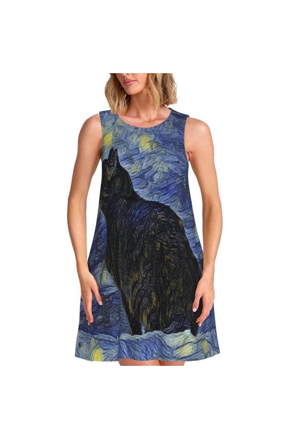 Shambhala Cat In Van Gogh Impressionist Print Summer Dresses for Women Casual U Neck Beach Dress Sleeveless Tank Loose Sundress with Pocket -Medium