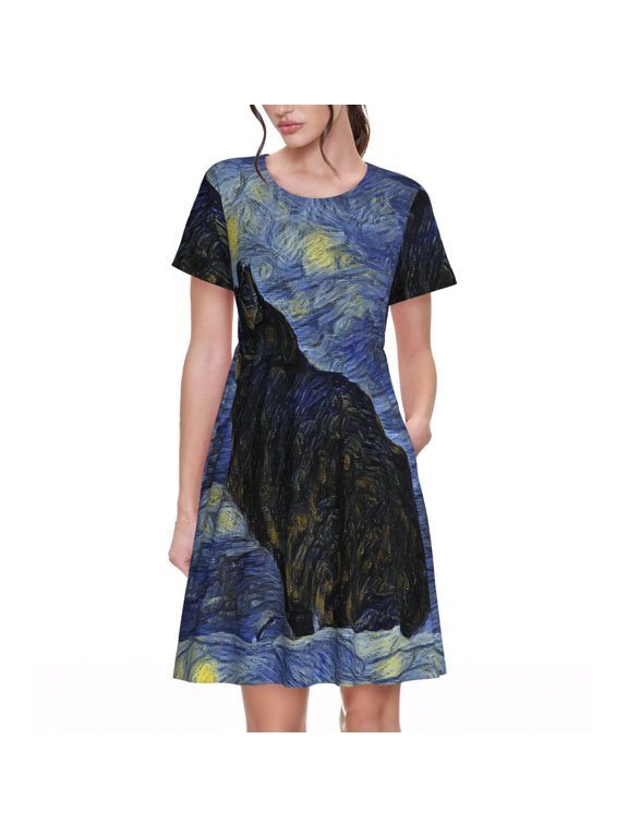 Shambhala Cat In Van Gogh Impressionist for Womens Summer 2025 Casual Midi Maxi Dresses Lightweight Short Sleeve Round Neck Beach Dress -3X-Large