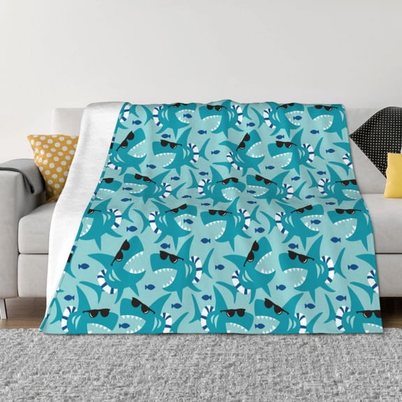 Vsdgher Shark Wearing Sunglasses Pattern Fleece Throw Blanket, Horizontal Fleece Bedding Home Decor for Couch & Bed All Season Use -60"x50"