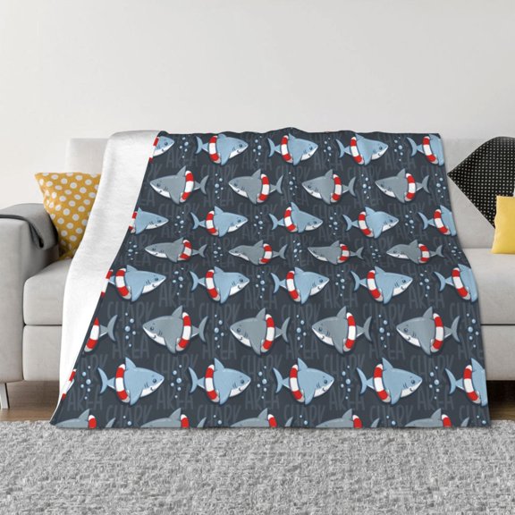 Vsdgher Shark Wearing Swim Ring Pattern Fleece Throw Blanket, Horizontal Fleece Bedding Home Decor for Couch & Bed All Season Use -50"x40"