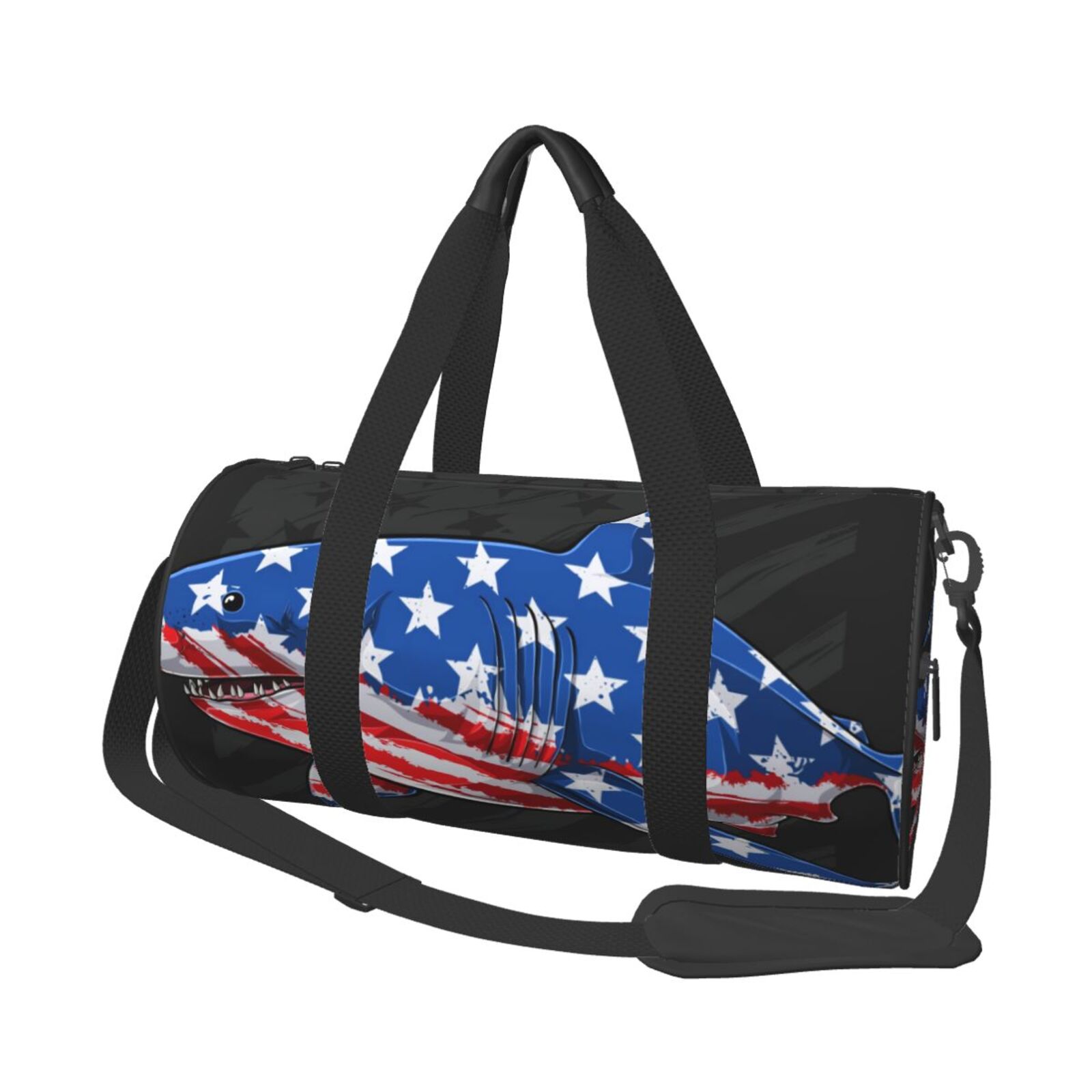 Vsdgher Shark With USA Flag 45L Foldable Duffel Bag, Sports Gym Bag,Overnight Bag, Portable Weekender Bag for Airplanes