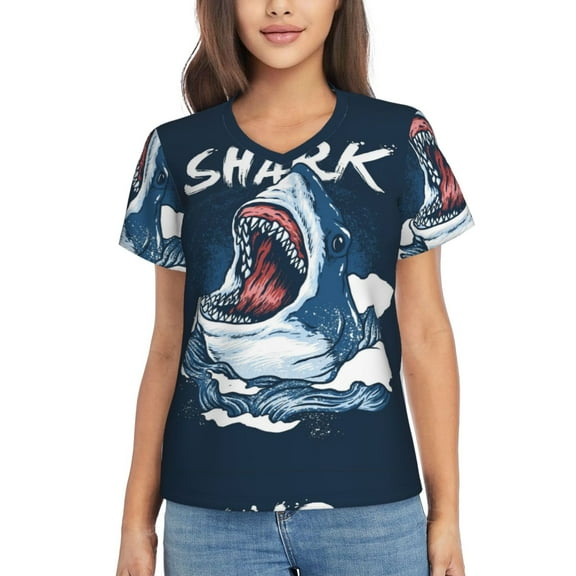 Vsdgher Shark Women Shirts V Neck Short Sleeve Tops T-Shirt Basic Tees, S to 3XLSmall
