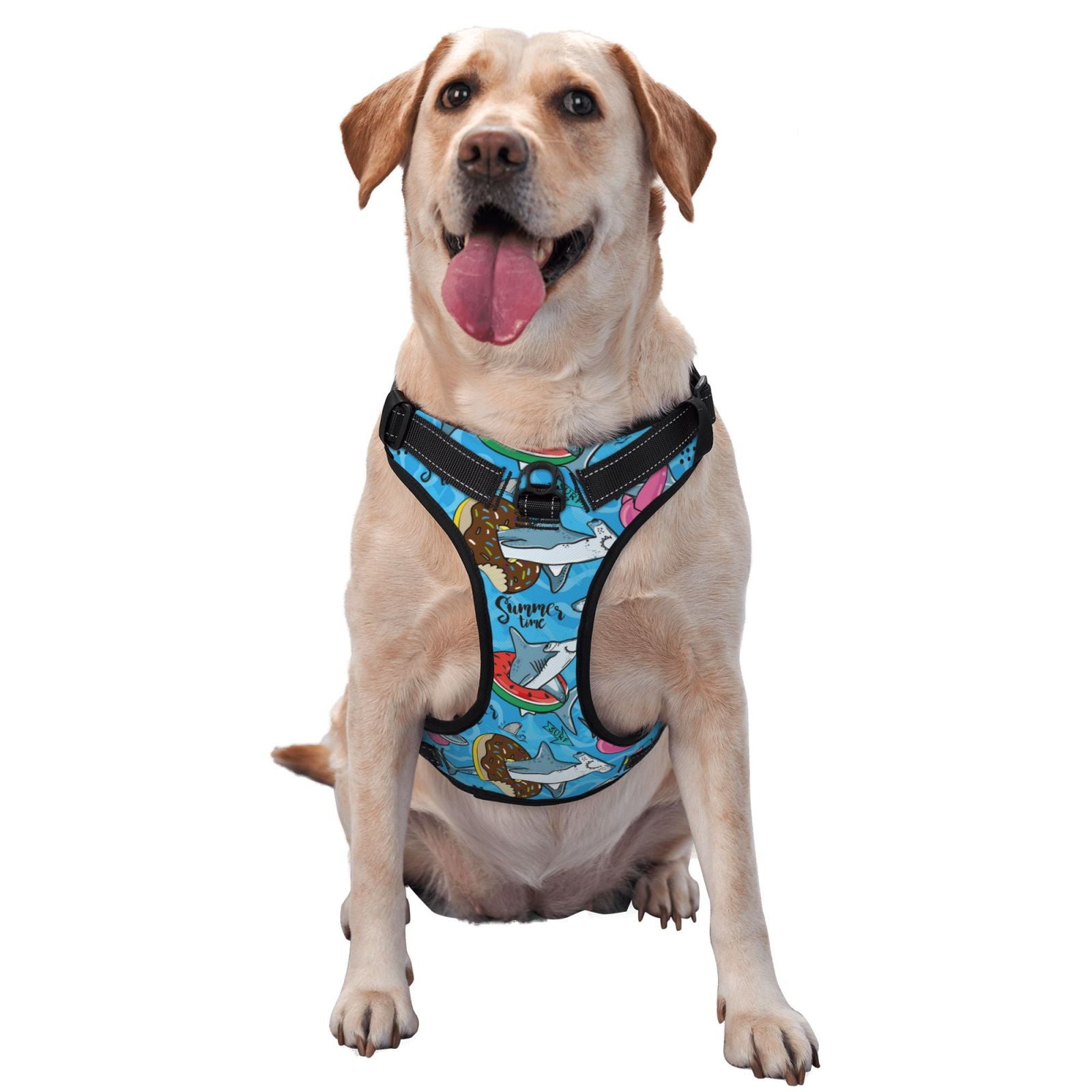 Vsdgher Sharks Summer Pattern Dog Harness,No Pull Pet Harness with Soft Padded Handle,Adjustable Reflective Vest with 2 Buckles,4 Slide Buckles,S-XL