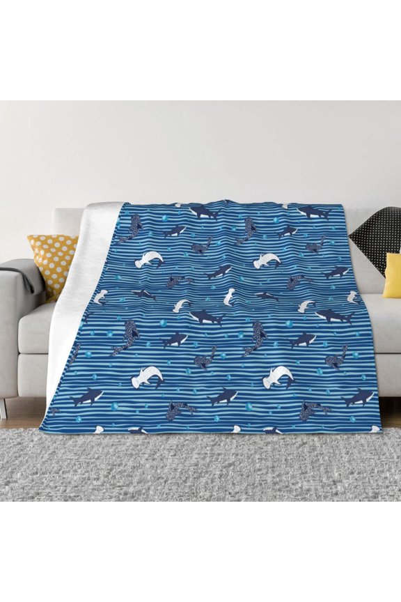 Sharks on White Blue Striped Pattern Fleece Throw Blanket, Horizontal Fleece Bedding Home Decor for Couch & Bed All Season Use -80"x60"