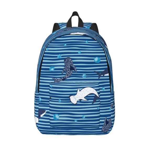 Vsdgher Sharks on White Blue Striped Print Canvas Backpack Travel Rucksack Unisex Knapsack 15.7/17.7Inch Laptop Backpack for Work,College -Small