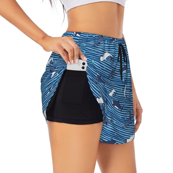 Vsdgher Sharks on White Blue Striped Print Women's Running Double Layer Shorts High Waisted with Pockets Elastic Yoga Workout Athletic Gym Sports