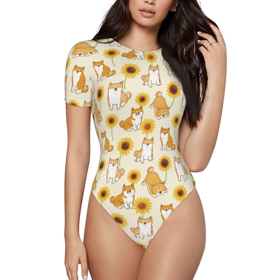 Vsdgher Shiba Inu Sunflower Prinr Short Sleeve Body suit for Womens, Sexy Onesie One Piece Round Neck Bodysuit Shapewear Tummy Control-Large