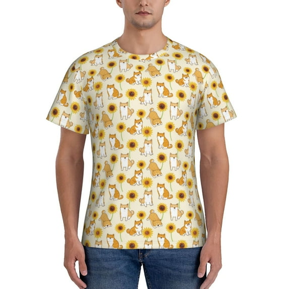 Vsdgher Shiba Inu Sunflower Print Men's Dry Fit Mesh Athletic Shirts Moisture Wicking Tennis T-Shirt Tops