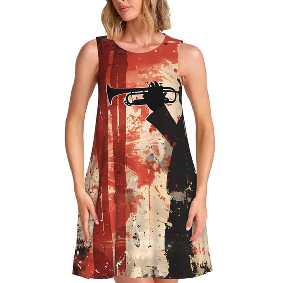 Vsdgher Silhouette Trumpet Red Art Print Summer Dresses for Women Casual U Neck Beach Dress Sleeveless Tank Loose Sundress with Pocket -Medium