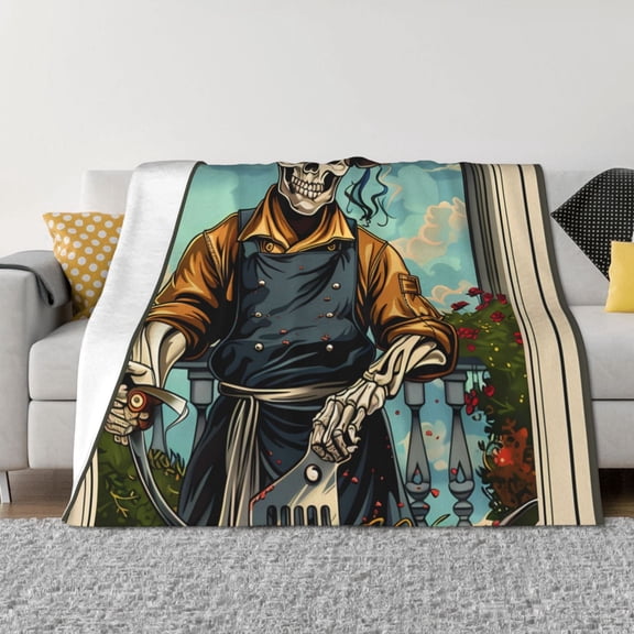 Vsdgher Skeleton Chef BBQ Scene Pattern Fleece Throw Blanket, Horizontal Fleece Bedding Home Decor for Couch & Bed All Season Use -40"x30"