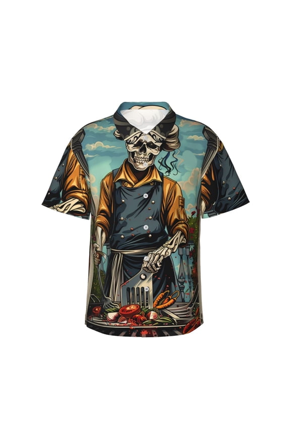 Skeleton Chef BBQ Scene Print Men's Hawaiian Shirts Button Down Tropical Holiday Beach Shirts Vacation Clothes,Small