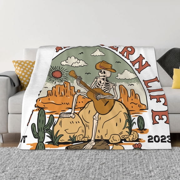 Vsdgher Skeleton Cowboy And Guitar Pattern Fleece Throw Blanket, Horizontal Fleece Bedding Home Decor for Couch & Bed All Season Use -80"x60"