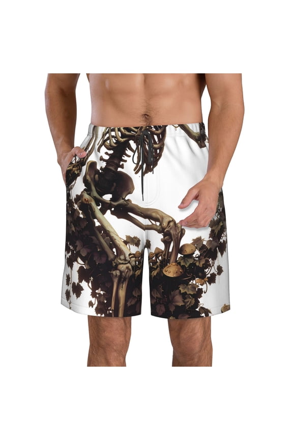 Skeleton Dance with Mushrooms Men's Beach Shorts, Surfing shorts, Swim trunks, Quick Dry Swim Trunks for Surfing Beach Fun -Small