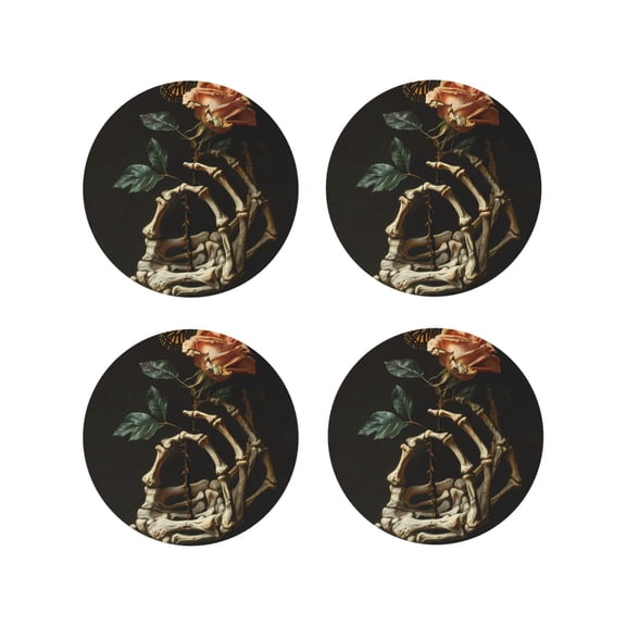 Vsdgher Skeleton Hand Rose Butterfly Leather Coasters for Drinks, Durable Drink Coasters 4 Set for Tabletop Protection, Luxurious Home Décor and Housewarming Gift-Round Shape