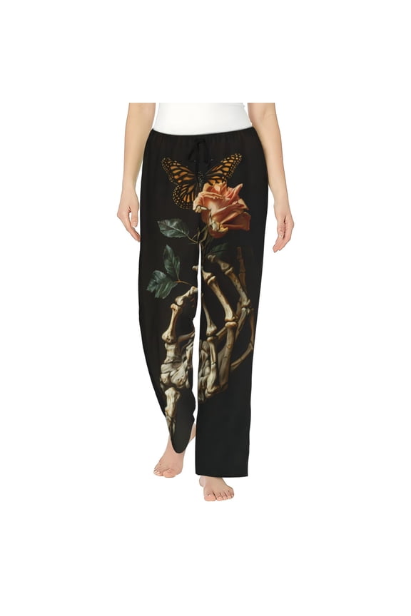 Skeleton Hand Rose Butterfly Women’s Womens Pajama Pants, Lounge Wide Leg PantsLounge Pants,Sleep Bottoms, Lounge for Women-Small