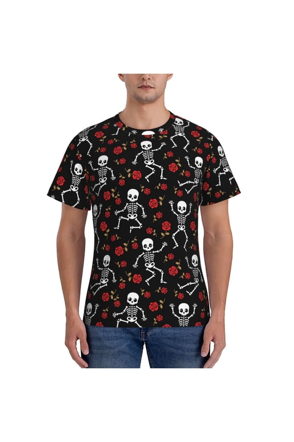 Skeleton with Roses Print Men's Dry Fit Mesh Athletic Shirts Moisture Wicking Tennis T-Shirt Tops