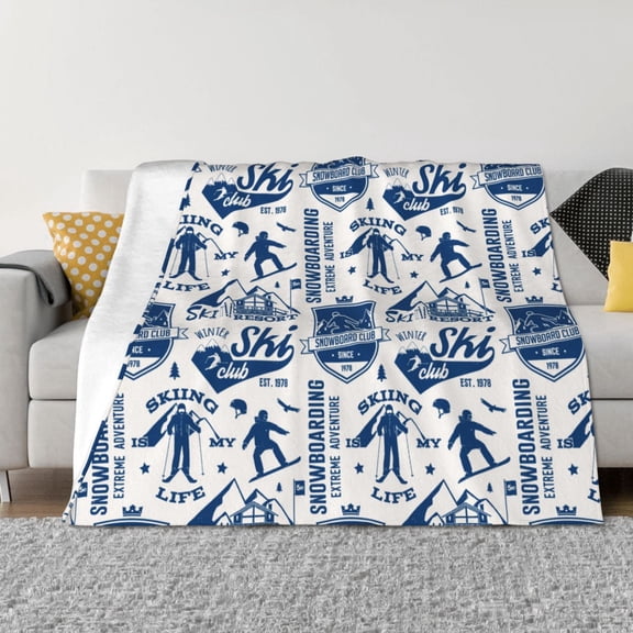 Vsdgher Skiing Enthusiast Pattern Fleece Throw Blanket, Horizontal Fleece Bedding Home Decor for Couch & Bed All Season Use -50"x40"