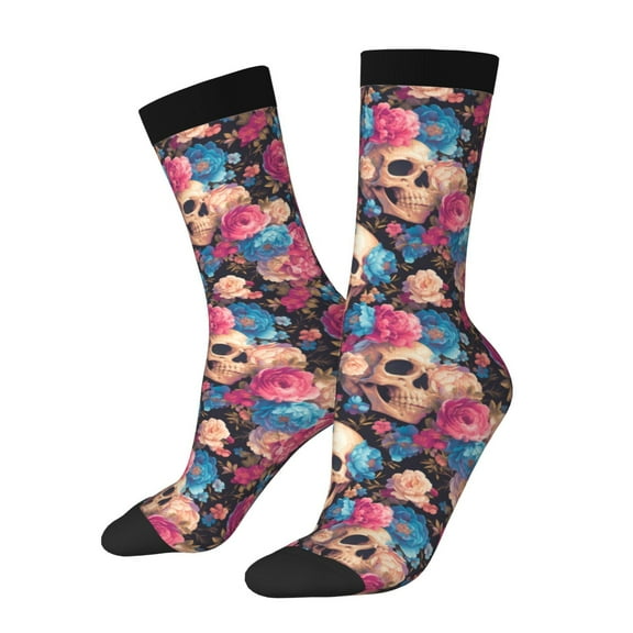 Vsdgher Skull Blue Flower Crew Socks for Men & Women, Breathable Casual Athletic Ankle Socks