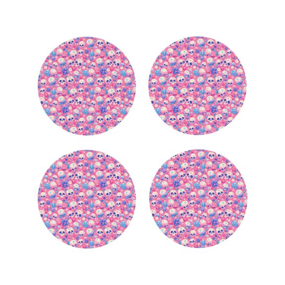 Vsdgher Skull Blue Flower Leather Coasters for Drinks, Durable Drink Coasters 4 Set for Tabletop Protection, Luxurious Home Décor and Housewarming Gift ( {designName})Round Shape