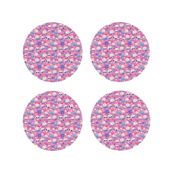 Vsdgher Skull Blue Flower Leather Coasters for Drinks, Durable Drink Coasters 4 Set for Tabletop Protection, Luxurious Home Décor and Housewarming Gift ( {designName})Round Shape
