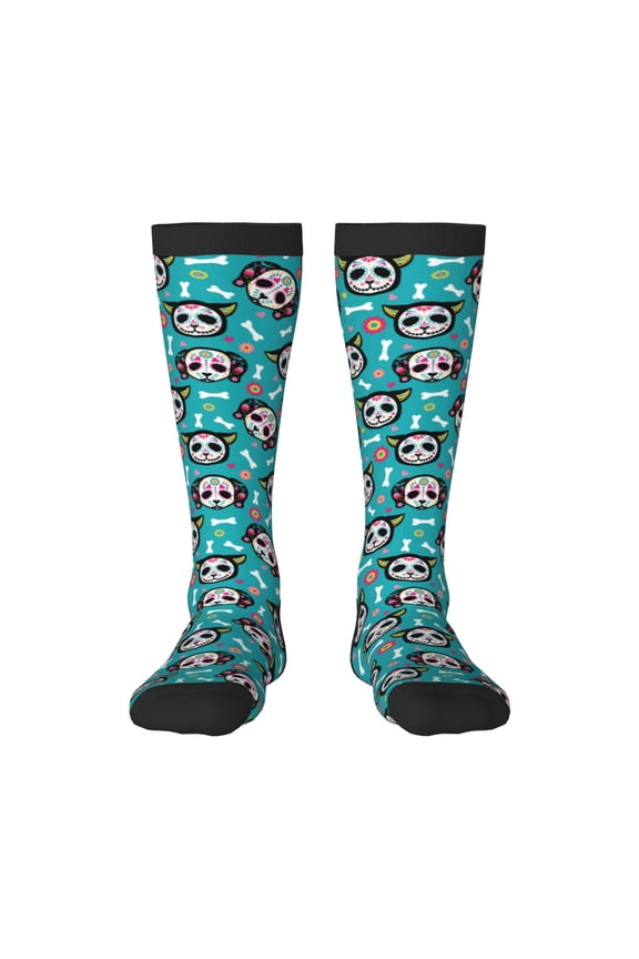 Skull Cat Print Thigh High Socks Extra Long Stretchy Sock Women Over Knee High Opaque Stocking Daily Wear