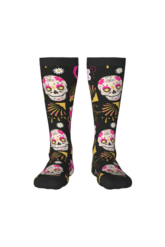 Skull Daisy Print Thigh High Socks Extra Long Stretchy Sock Women Over Knee High Opaque Stocking Daily Wear