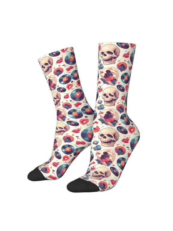 Skull Guitar record lips Crew Socks for Men & Women, Breathable Casual Athletic Ankle Socks